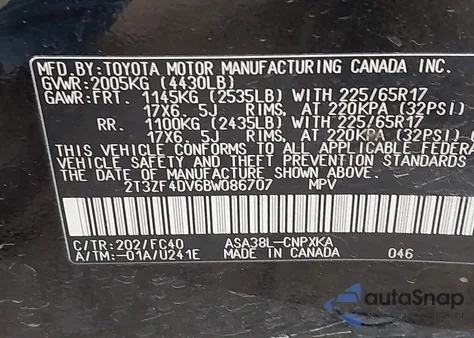 2011 Toyota Rav4 из США, поврежденный, VIN 2T3ZF4DV6BW086707